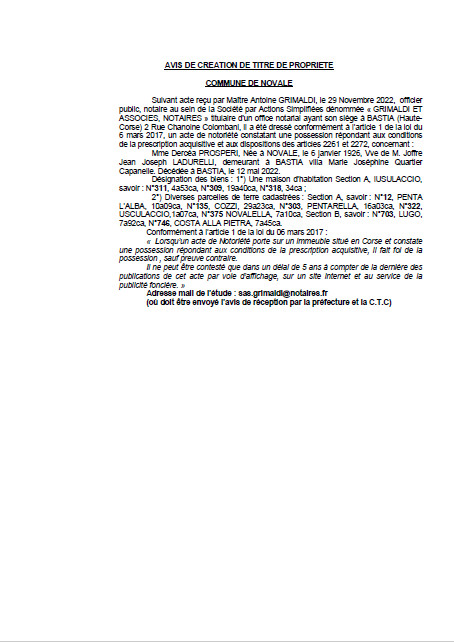 Avis de création de titre de propriété - Commune de Novale (Haute-Corse) Avis de création de titre de propriété - Commune de Novale (Haute-Corse)
