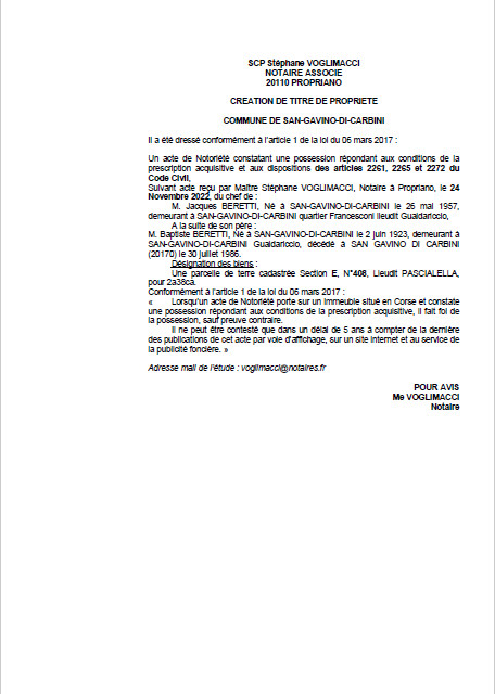 Avis de création de titre de propriété - Commune de San-Gavino-di-Carbini (Corse-du-Sud)