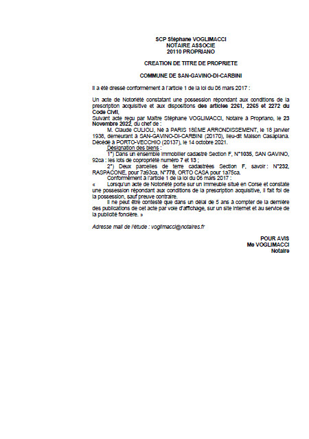 Avis de création de titre de propriété - Commune de San-Gavino-di-Carbini (Corse-du-Sud) Avis de création de titre de propriété - Commune de San-Gavino-di-Carbini (Corse-du-Sud)