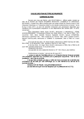 Avis de création de titre de propriété - Commune de Pino (Haute-Corse) Avis de création de titre de propriété - Commune de Pino (Haute-Corse)