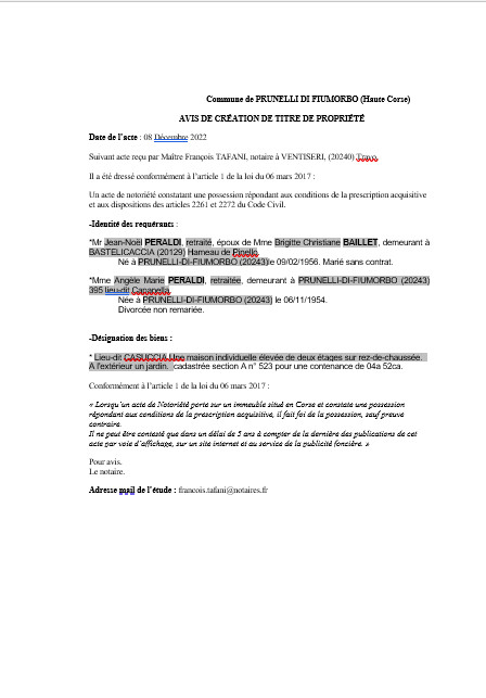 Avis de création de titre de propriété - Commune de Prunelli di Fium'Orbu (Haute-Corse) Avis de création de titre de propriété - Commune de Prunelli di Fium'Orbu (Haute-Corse)