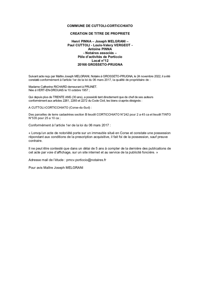 Avis de création de titre de propriété - Commune de Cuttoli-Corticciato (Corse-du-Sud) Avis de création de titre de propriété - Commune de Cuttoli-Corticciato (Corse-du-Sud)
