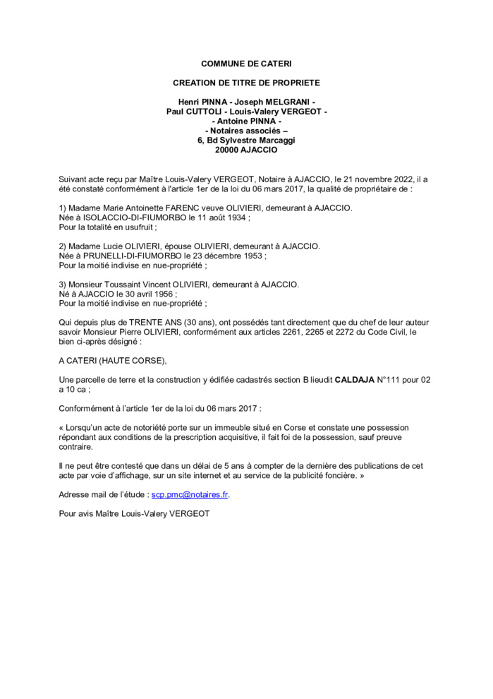  Avis de création de titre de propriété - Commune de Cateri (Haute-Corse)