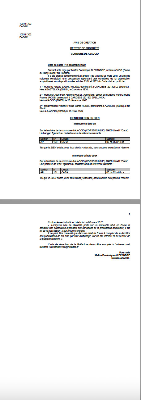 Avis de création de titre de propriété - Commune d'Ajaccio (Corse-du-Sud)