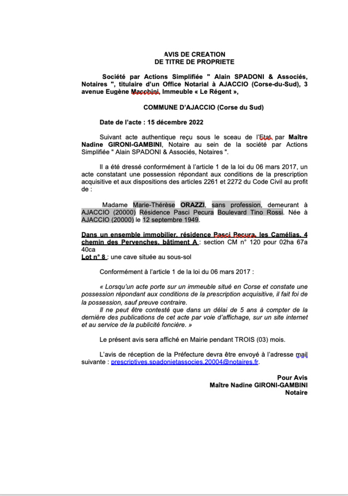 Avis de création de titre de propriété - Commune d'Ajaccio (Corse-du-Sud)