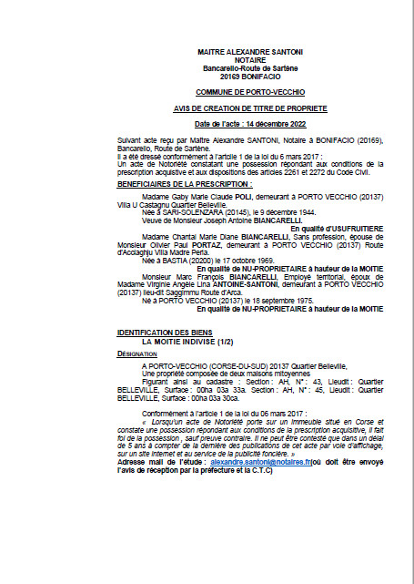 Avis de création de titre de propriété -Commune de Bonifacio (Corse-du-Sud) Avis de création de titre de propriété -Commune de Bonifacio (Corse-du-Sud)