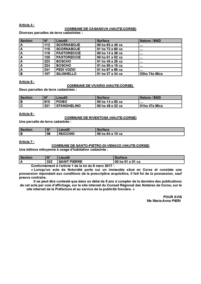 Avis de création de titre de propriété - Communes de SANTO-PIETRO-DI-VENACO, CASANOVA, VIVARIO et RIVENTOSA (Haute-Corse) Avis de création de titre de propriété - Communes de SANTO-PIETRO-DI-VENACO, CASANOVA, VIVARIO et RIVENTOSA (Haute-Corse)