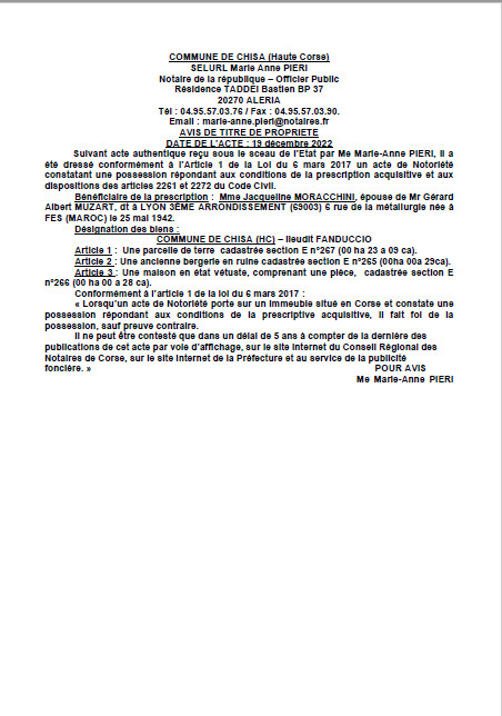 Avis de création de titre de propriété - Commune de Chisa (Haute-Corse) Avis de création de titre de propriété - Commune de Chisa (Haute-Corse)