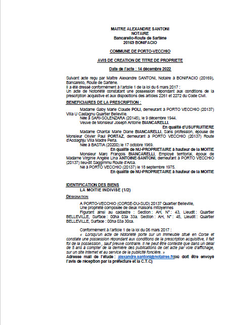 Avis de création de titre de propriété -Commune de Porto-Vecchio (Corse-du-Sud) Avis de création de titre de propriété -Commune de Porto-Vecchio (Corse-du-Sud)