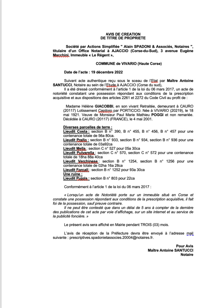 Avis de création de titre de propriété -Commune de Vivario (Haute-Corse) Avis de création de titre de propriété -Commune de Vivario (Haute-Corse)