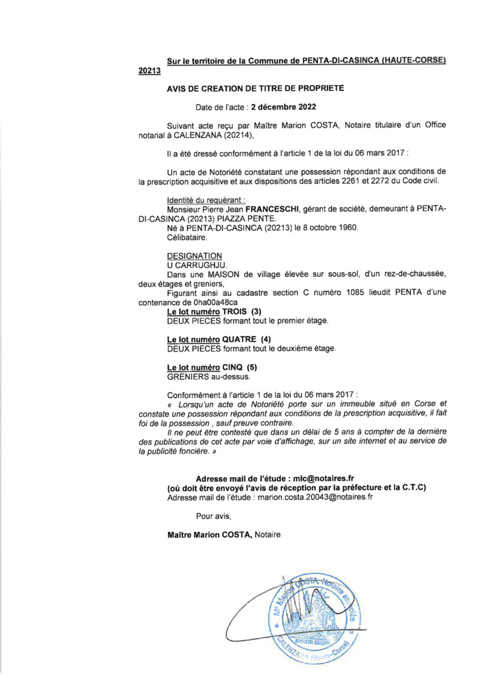 Avis de création de titre de propriété - Commune de Penta-di-Casinca (Haute-Corse)