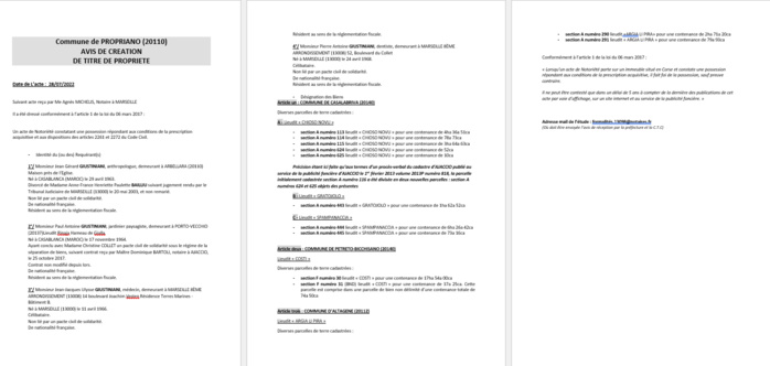 Avis de création de titre de propriété -Commune de Propriano (Corse-du-Sud) Avis de création de titre de propriété -Commune de Propriano (Corse-du-Sud)