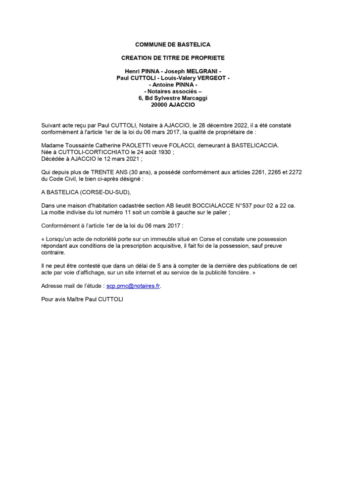 Avis de création de titre de propriété -Commune de Bastelica (Corse-du-Sud) Avis de création de titre de propriété -Commune de Bastelica (Corse-du-Sud)