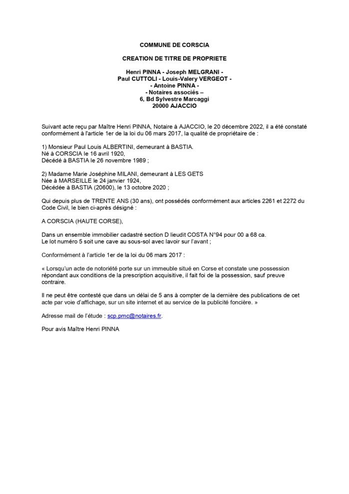 Avis de création de titre de propriété -Commune de Corscia (Haute-Corse) Avis de création de titre de propriété -Commune de Corscia (Haute-Corse)