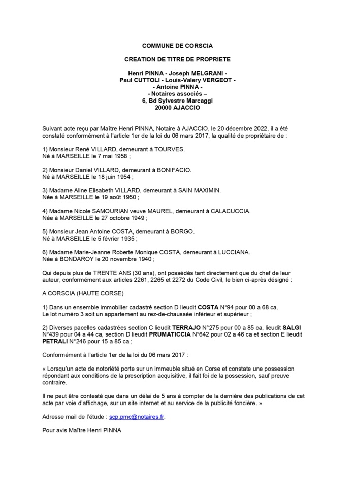 Avis de création de titre de propriété -Commune de Corscia (Haute-Corse) Avis de création de titre de propriété -Commune de Corscia (Haute-Corse)