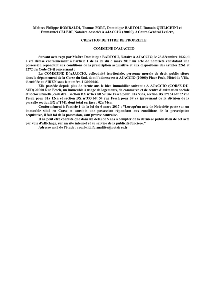 Avis de création de titre de propriété -Commune d'Ajaccio (Corse-du-Sud) 