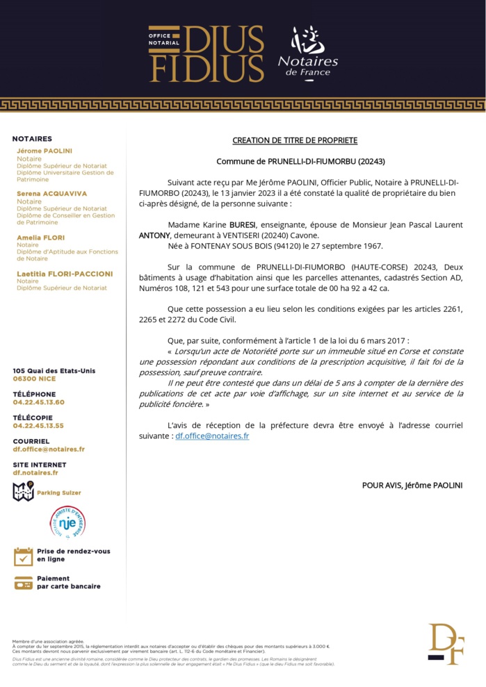 Avis de création de titre de propriété -Commune de Prunelli-di-Fiumorbu (Haute-Corse)