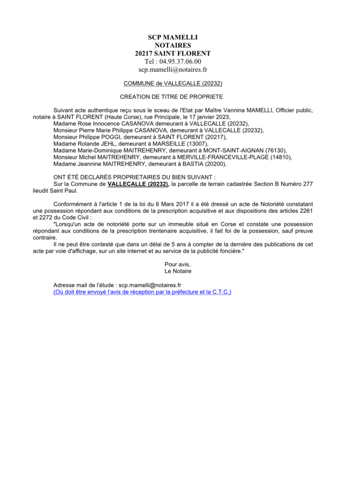 Avis de création de titre de propriété -Commune de Vallecalle (Haute-Corse)