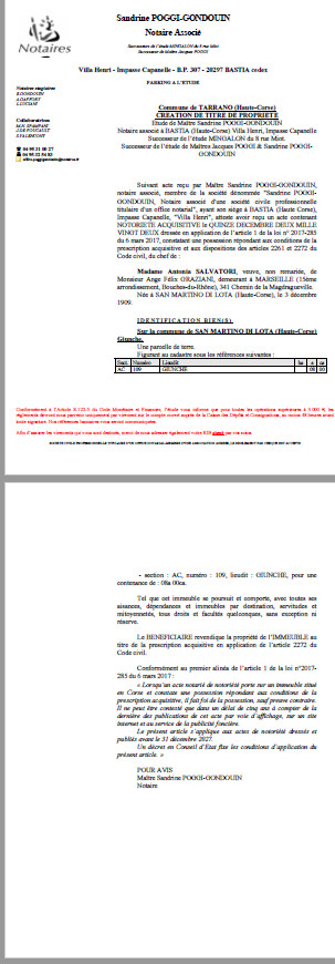 Avis de création de titre de propriété -Commune de Tarrano (Haute-Corse)