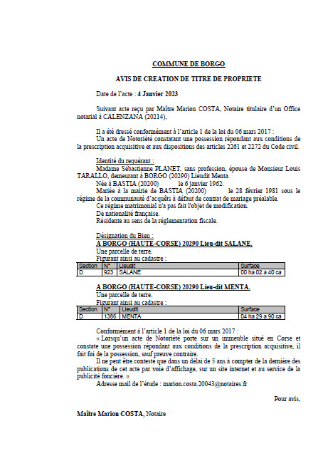 Avis de création de titre de propriété -Commune de Borgo (Haute-Corse) Avis de création de titre de propriété -Commune de Borgo (Haute-Corse)