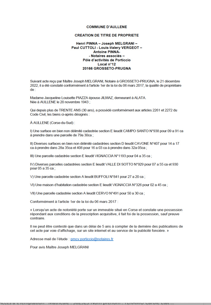 Avis de création de titre de propriété - Commune d'Aullene (Corse-du-Sud) Avis de création de titre de propriété - Commune d'Aullene (Corse-du-Sud)