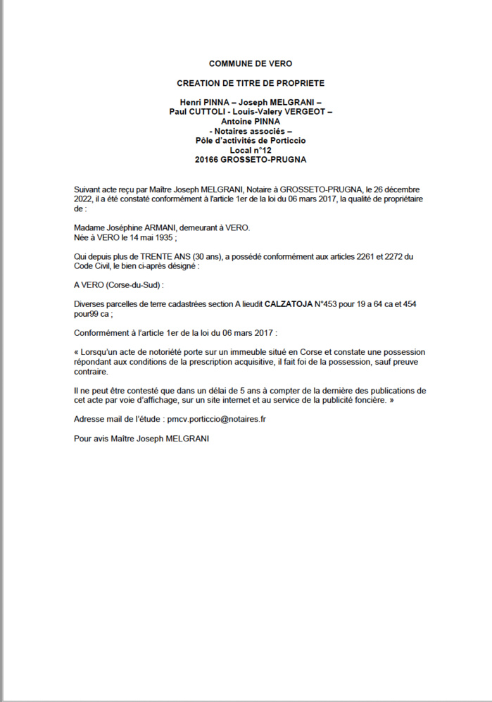 Avis de création de titre de propriété - Commune de Vero (Corse-du-Sud)