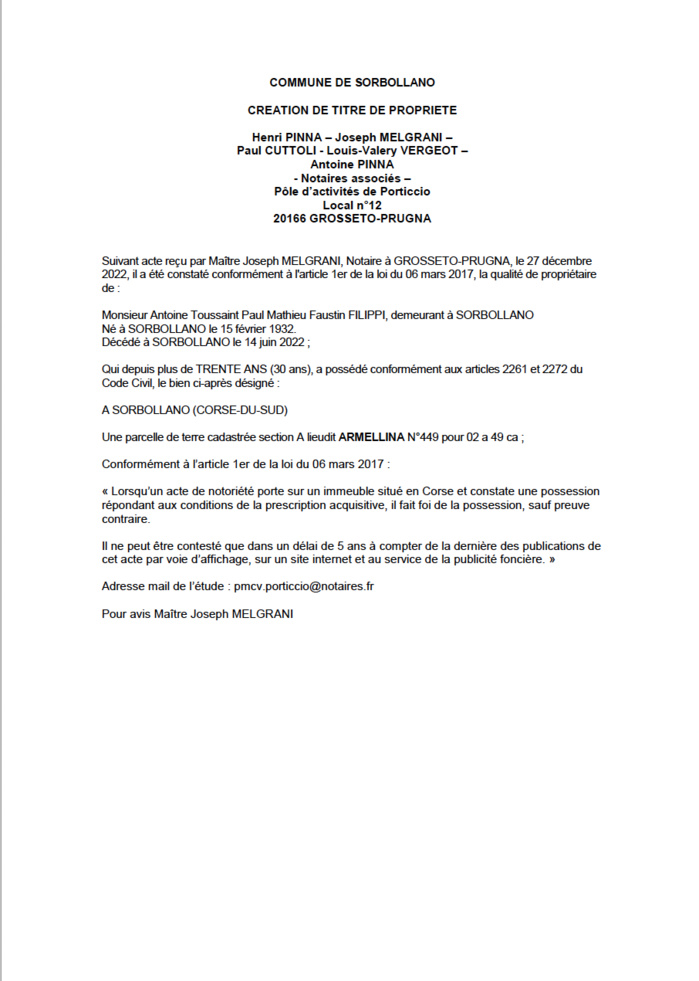  Avis de création de titre de propriété - Commune de Sorbollano (Corse-du-Sud)