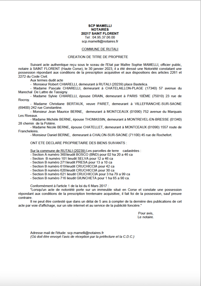 Avis de création de titre de propriété - Commune de Rutali (Haute-Corse) Avis de création de titre de propriété - Commune de Rutali (Haute-Corse)