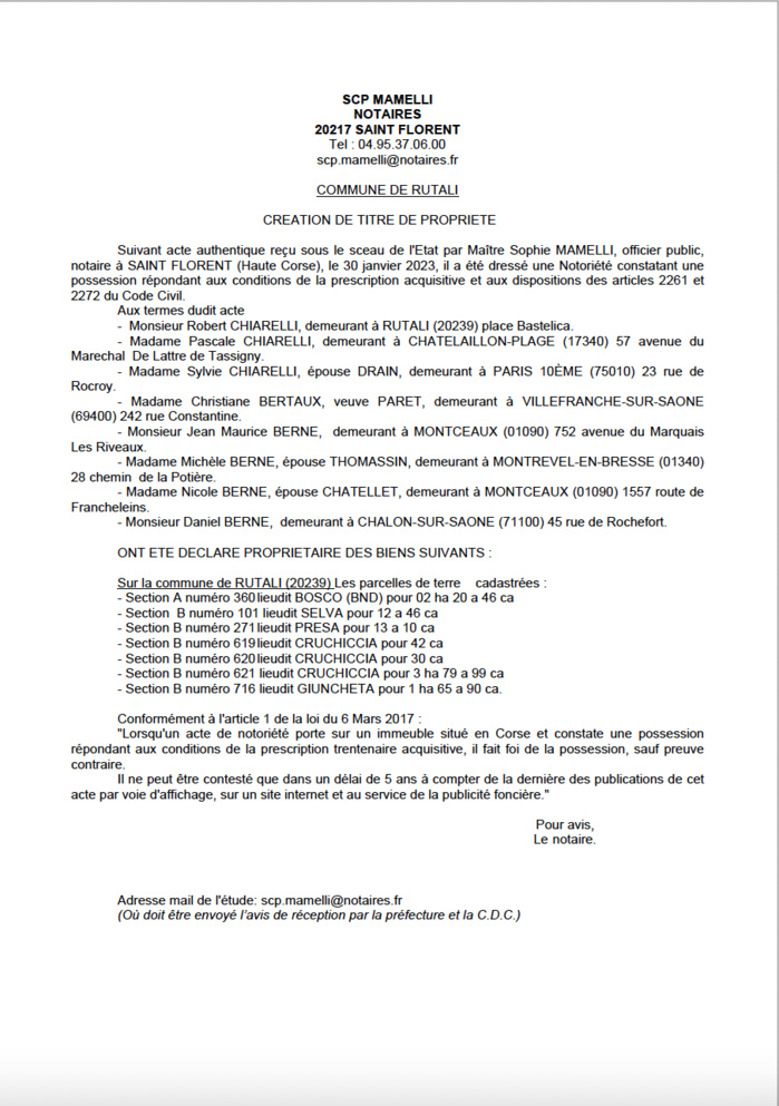 Avis de création de titre de propriété - Commune de Rutali (Haute-Corse)