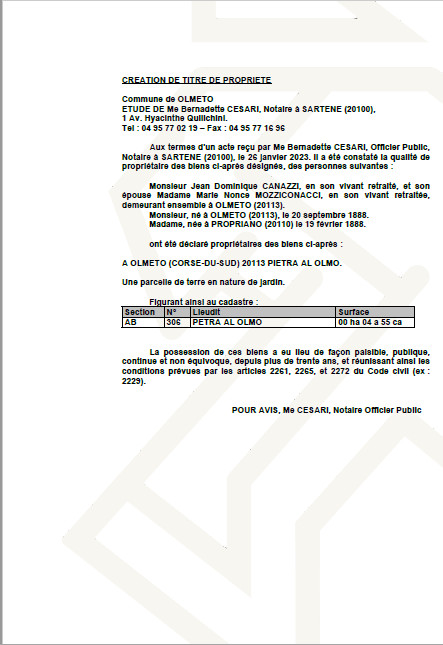 Avis de création de titre de propriété - Commune d'Olmeto (Corse-du-Sud)