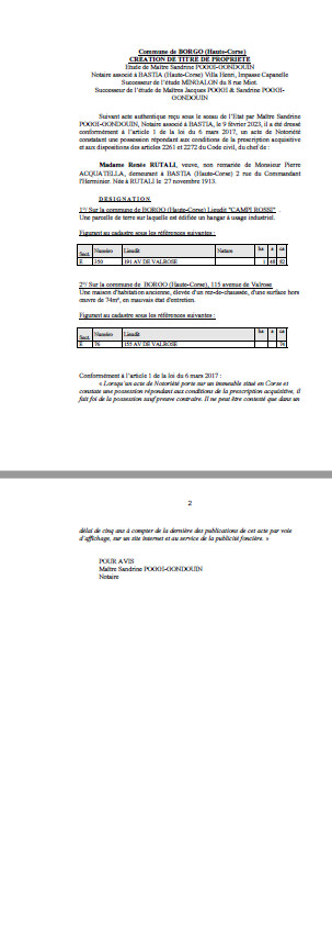 Avis de création de titre de propriété - Commune de Borgo (Haute-Corse)) Avis de création de titre de propriété - Commune de Borgo (Haute-Corse))