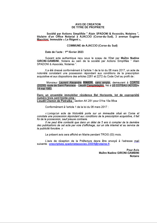 Avis de création de titre de propriété - Commune d'Ajaccio (Corse-du-Sud) Avis de création de titre de propriété - Commune d'Ajaccio (Corse-du-Sud)