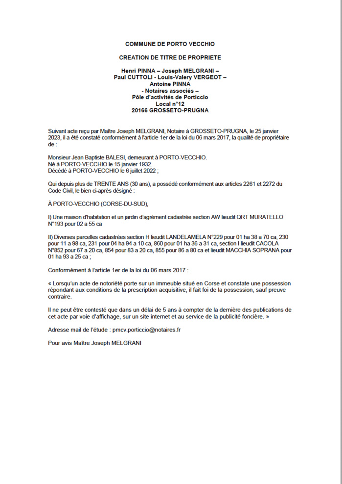 Avis de création de titre de propriété - Commune de Porto-Vecchio (Corse-du-Sud) Avis de création de titre de propriété - Commune de Porto-Vecchio (Corse-du-Sud)