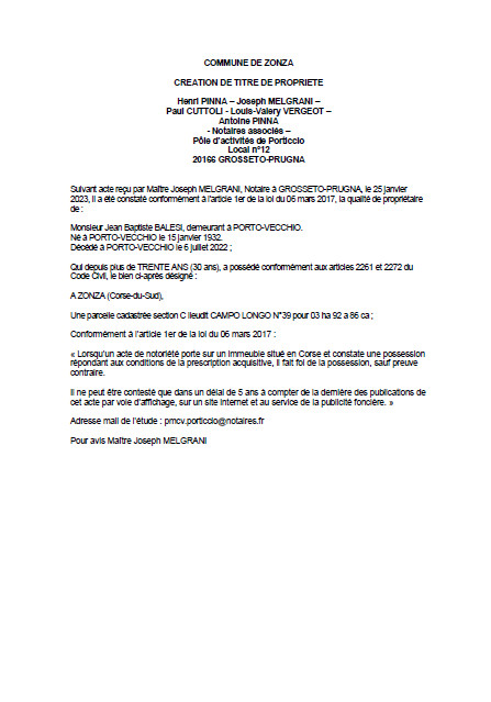 Avis de création de titre de propriété - Commune de Zonza (Corse-du-Sud) Avis de création de titre de propriété - Commune de Zonza (Corse-du-Sud)