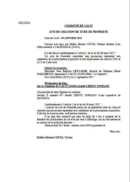 Avis de création de titre de propriété - Commune de Calvi (Haute-Corse) Avis de création de titre de propriété - Commune de Calvi (Haute-Corse)