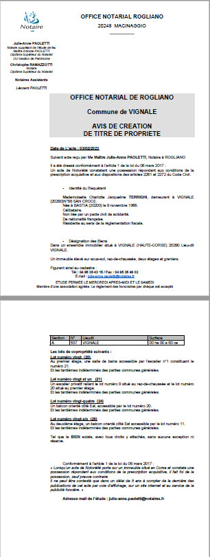 Avis de création de titre de propriété - Commune de Vignale (Haute-Corse) Avis de création de titre de propriété - Commune de Vignale (Haute-Corse)