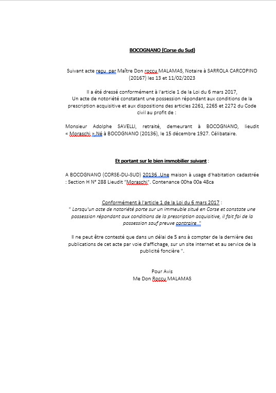 Avis de création de titre de propriété - Commune de Bocognano (Corse-du-Sud) Avis de création de titre de propriété - Commune de Bocognano (Corse-du-Sud)