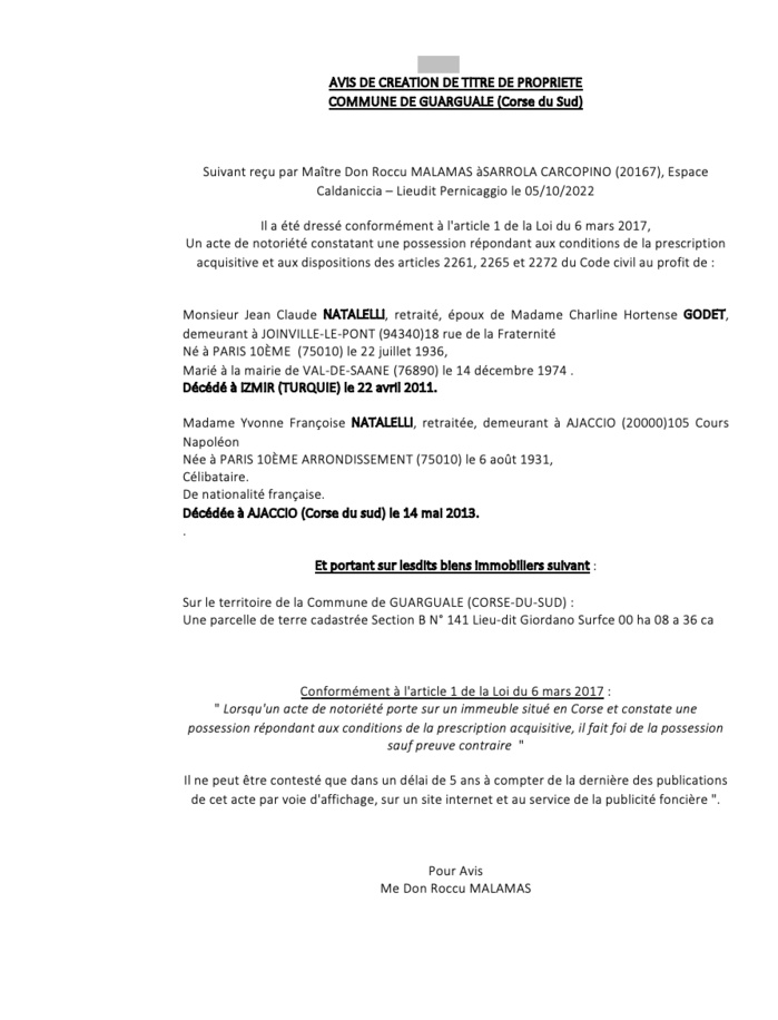 Avis de création de titre de propriété - Commune de Guarguale (Corse-du-Sud)