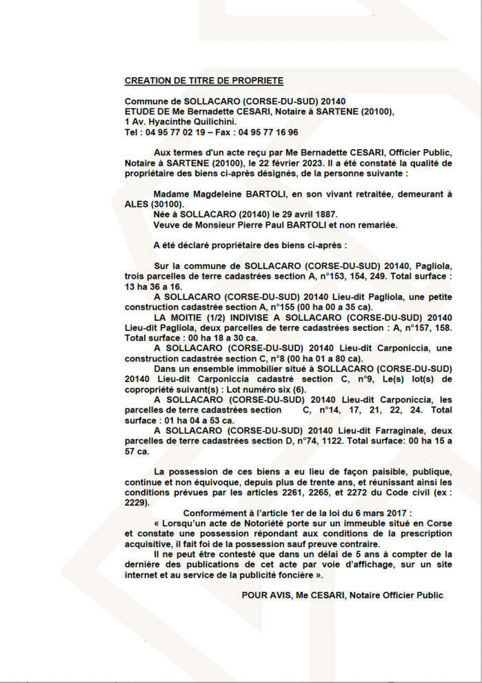 Avis de création de titre de propriété - Commune de Suddacarò (Pumonti)