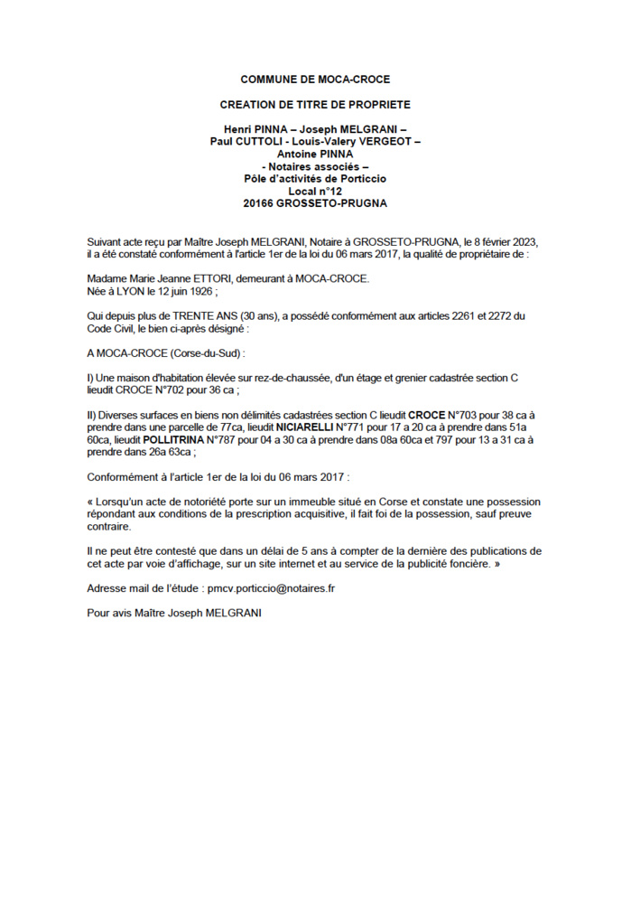 Avis de création de titre de propriété - Commune de Macà è Croci (Pumonti)