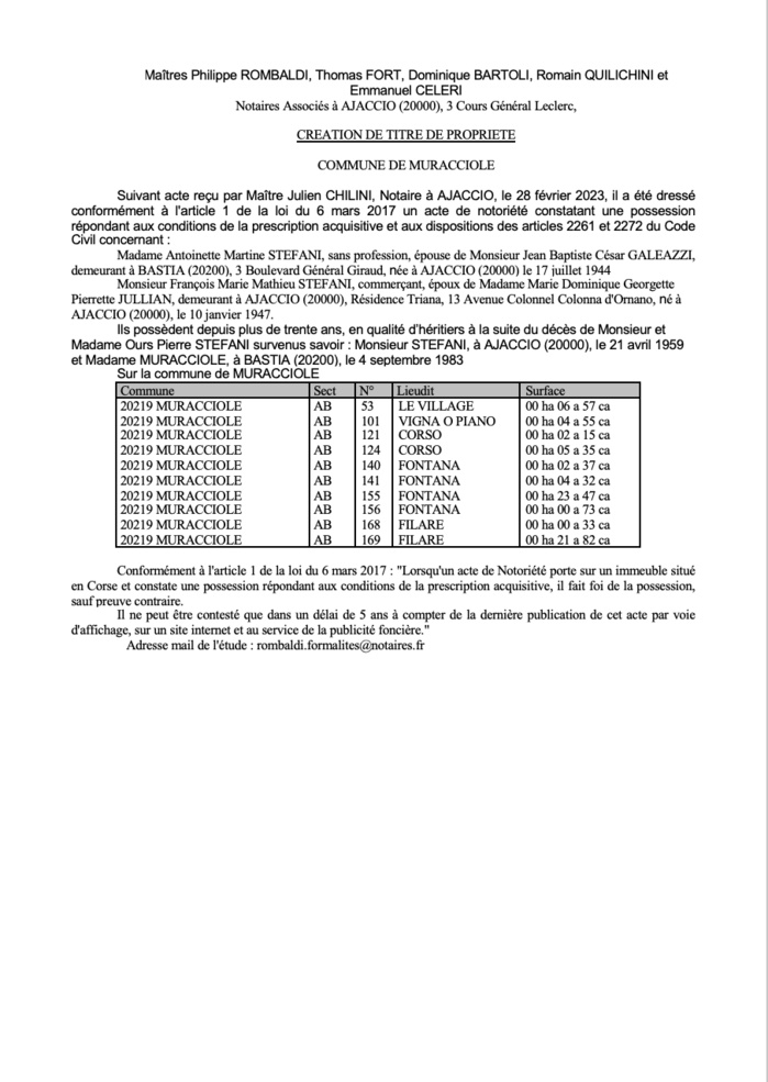 Avis de création de titre de propriété - Commune d'E Muracciole (Cismonte)