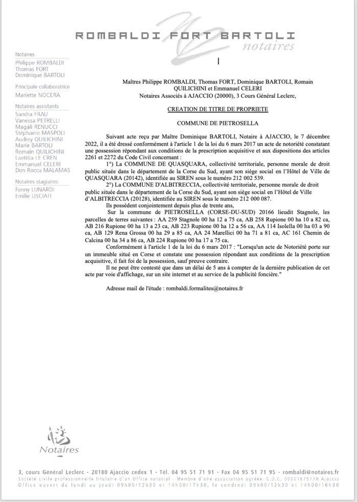 Avis de création de titre de propriété - Commune de Pitrusedda (Pumonti)