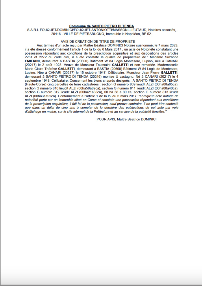 Avis de création de titre de propriété - Commune de Santu Petru di Tenda (Cismonte)