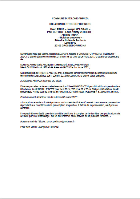 Avis de création de titre de propriété - Commune d'Azilonu è Ampaza (Pumonti) Avis de création de titre de propriété - Commune d'Azilonu è Ampaza (Pumonti)