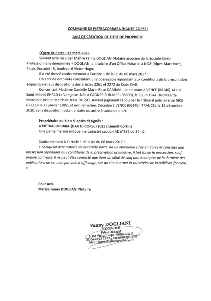 Avis de création de titre de propriété - Commune de A Petracurbara (Cismonte)
