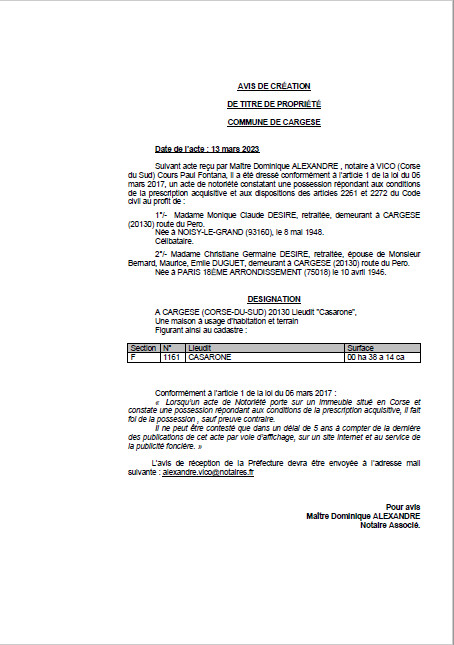 Avis de création de titre de propriété - Commune de Carghjese (Pumonti)