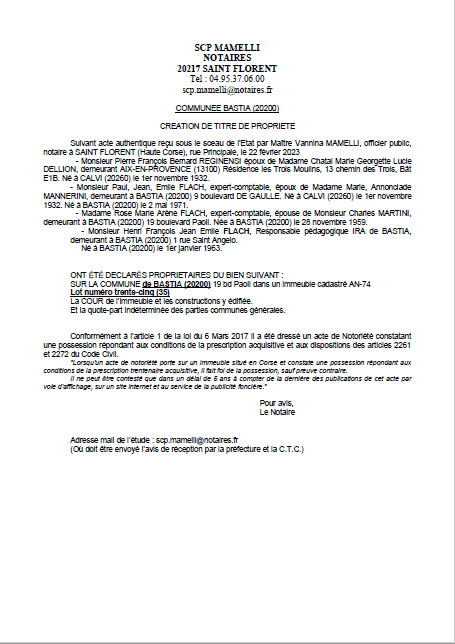 Avis de création de titre de propriété - Commune de Bastia (Cismonte) Avis de création de titre de propriété - Commune de Bastia (Cismonte)