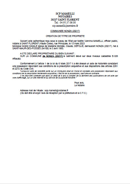 Avis de création de titre de propriété - Commune de Nonza (Cismonte) Avis de création de titre de propriété - Commune de Nonza (Cismonte)