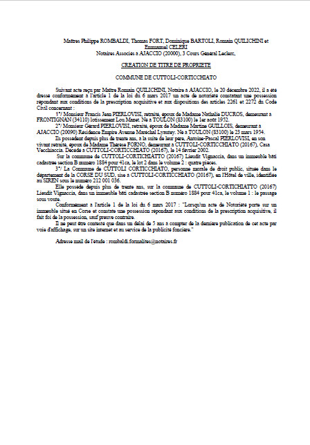 Avis de création de titre de propriété - Commune de Cutuli è Curtichjatu (Pumonti) Avis de création de titre de propriété - Commune de Cutuli è Curtichjatu (Pumonti)