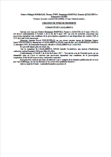 Avis de création de titre de propriété - Commune de Casalabriva (Pumonti) Avis de création de titre de propriété - Commune de Casalabriva (Pumonti)